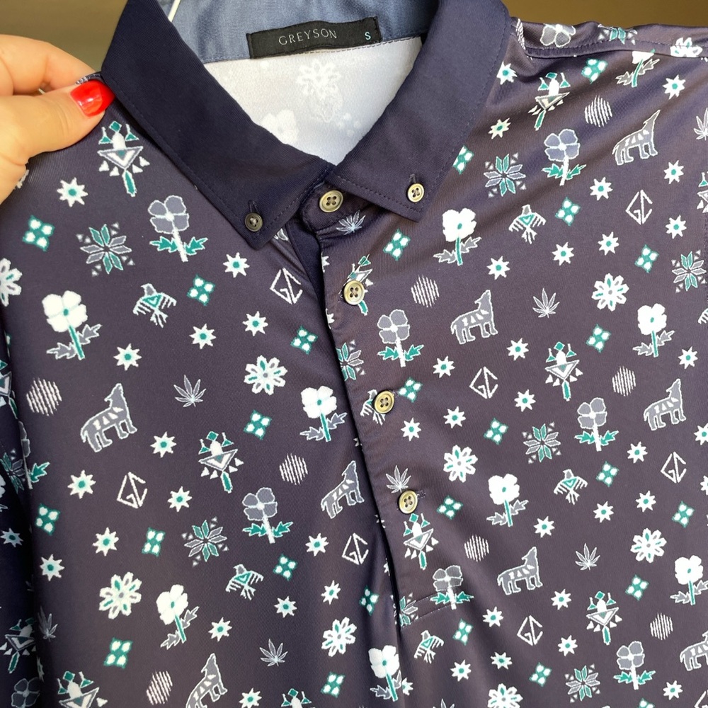 Greyson Men's Navy Patterned Golf Polo Shirt - S